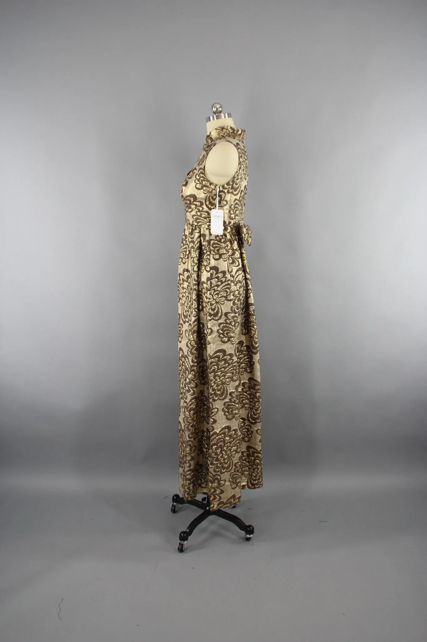 Vintage 1960s Gold Brocade Hostess Maxi Dress