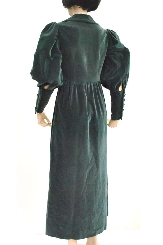 Vintage 70s Teal Velvet Edwardian Style Maxi Dress • Balloon Sleeves