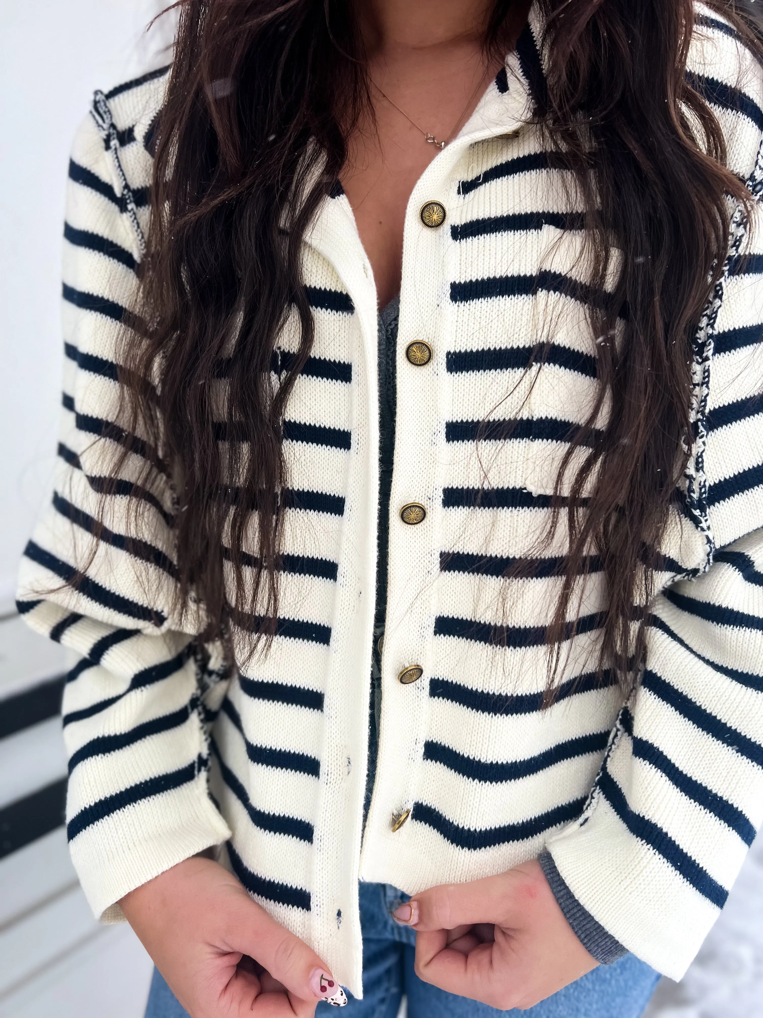 Vivian Striped Knit Button Cardi- Cream BLK