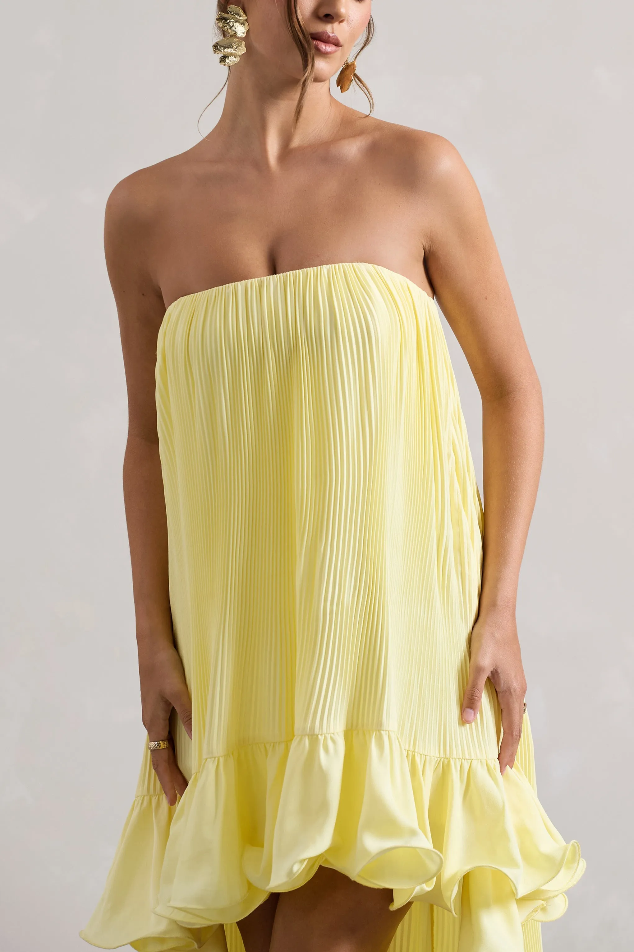 Whistler | Lemon Chiffon Bandeau High-Low Ruffled Maxi Dress