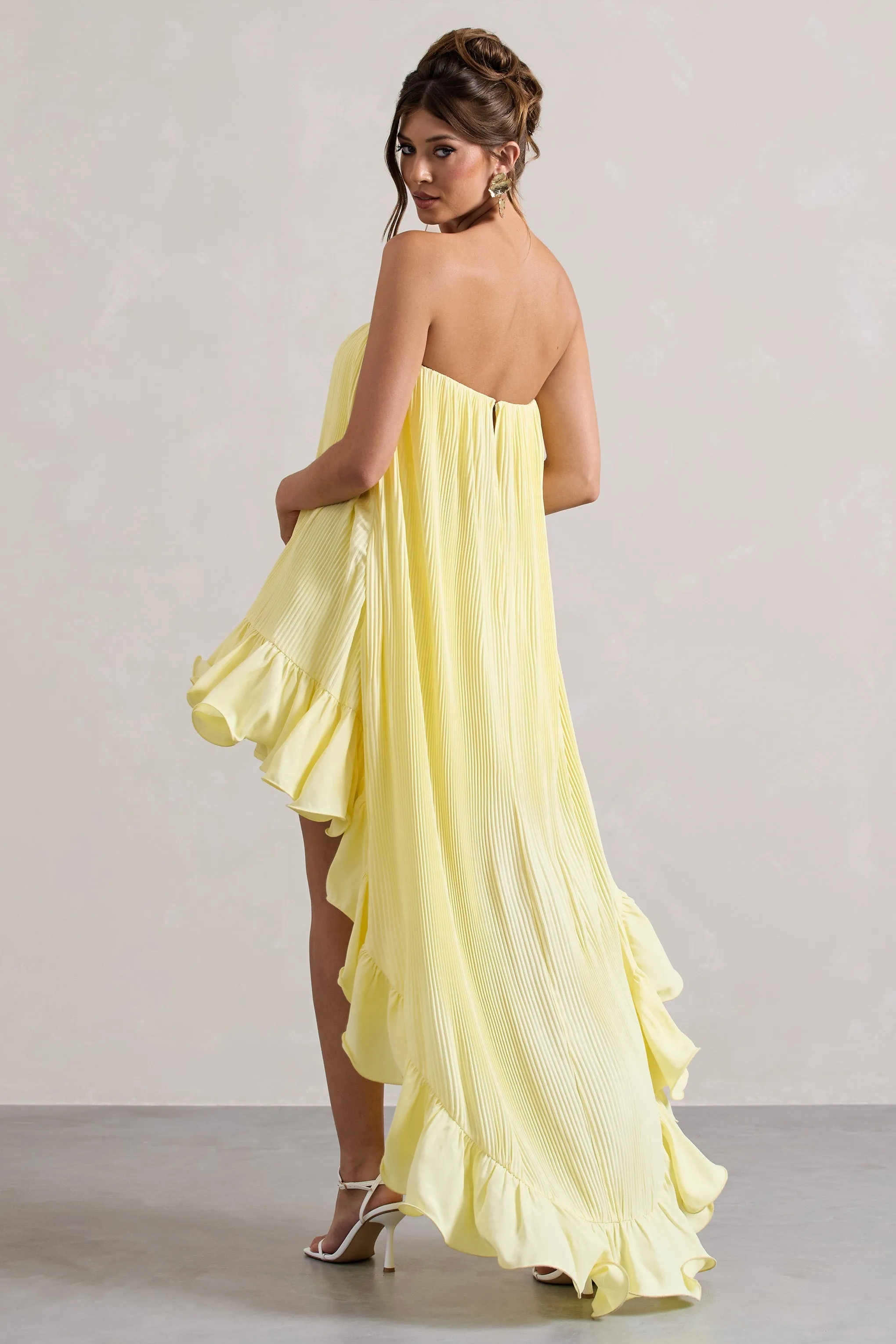 Whistler | Lemon Chiffon Bandeau High-Low Ruffled Maxi Dress