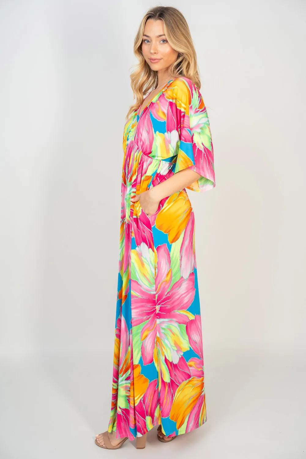 White Birch Printed V-Neck Maxi Dress with Pockets