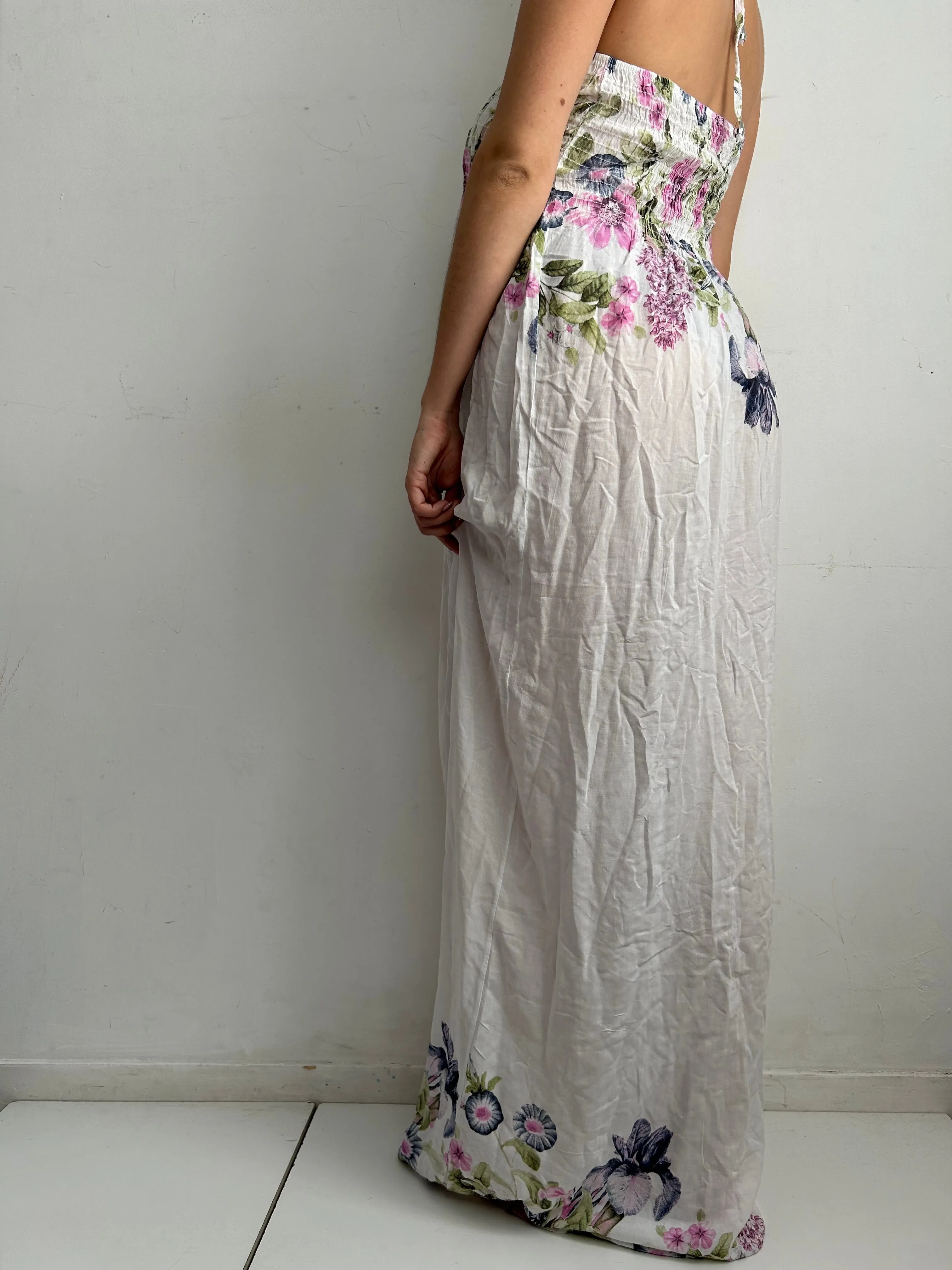 White floral print ruched halter maxi dress (One size)