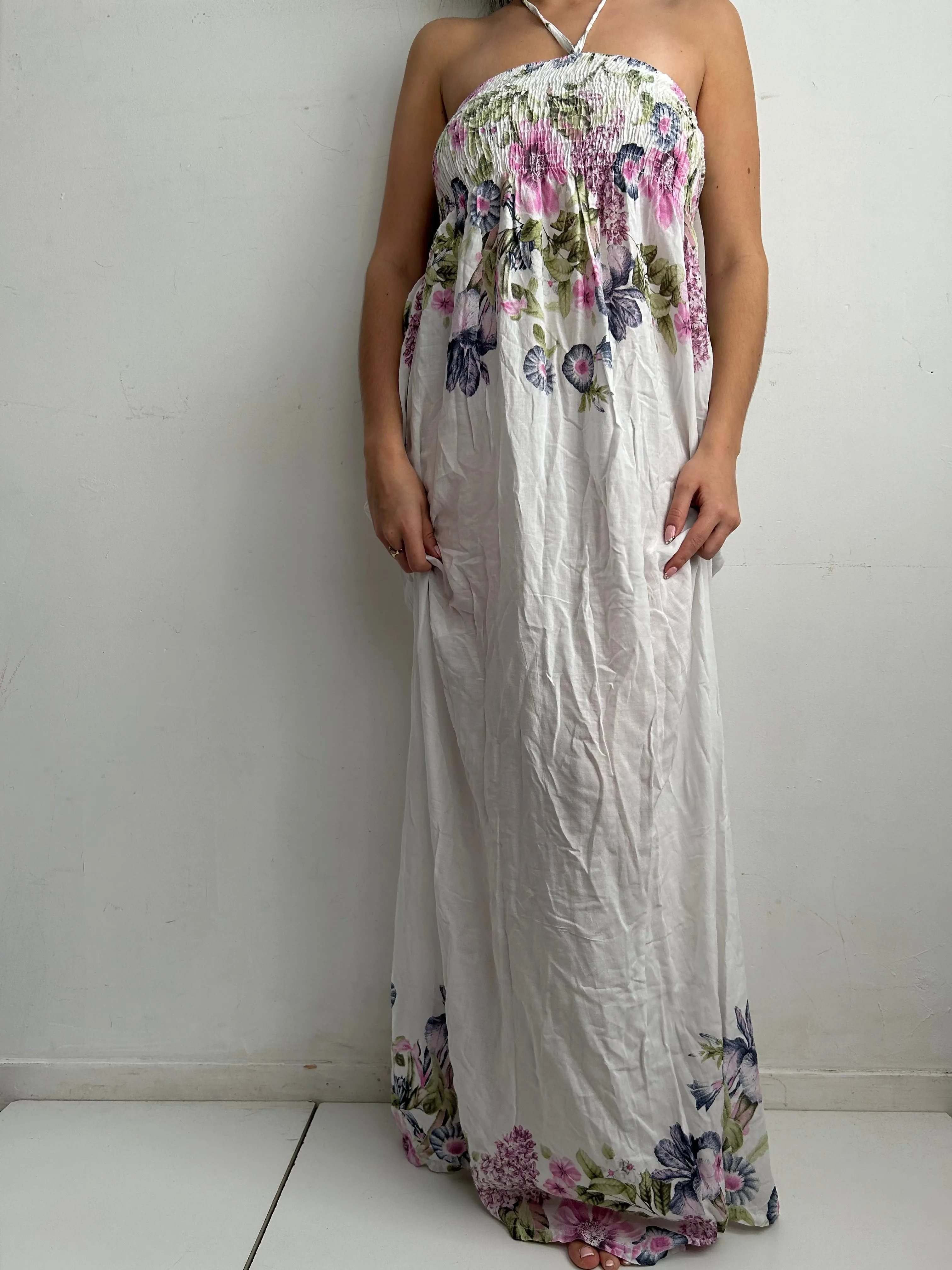 White floral print ruched halter maxi dress (One size)