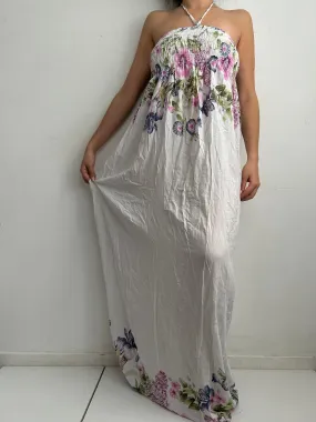 White floral print ruched halter maxi dress (One size)