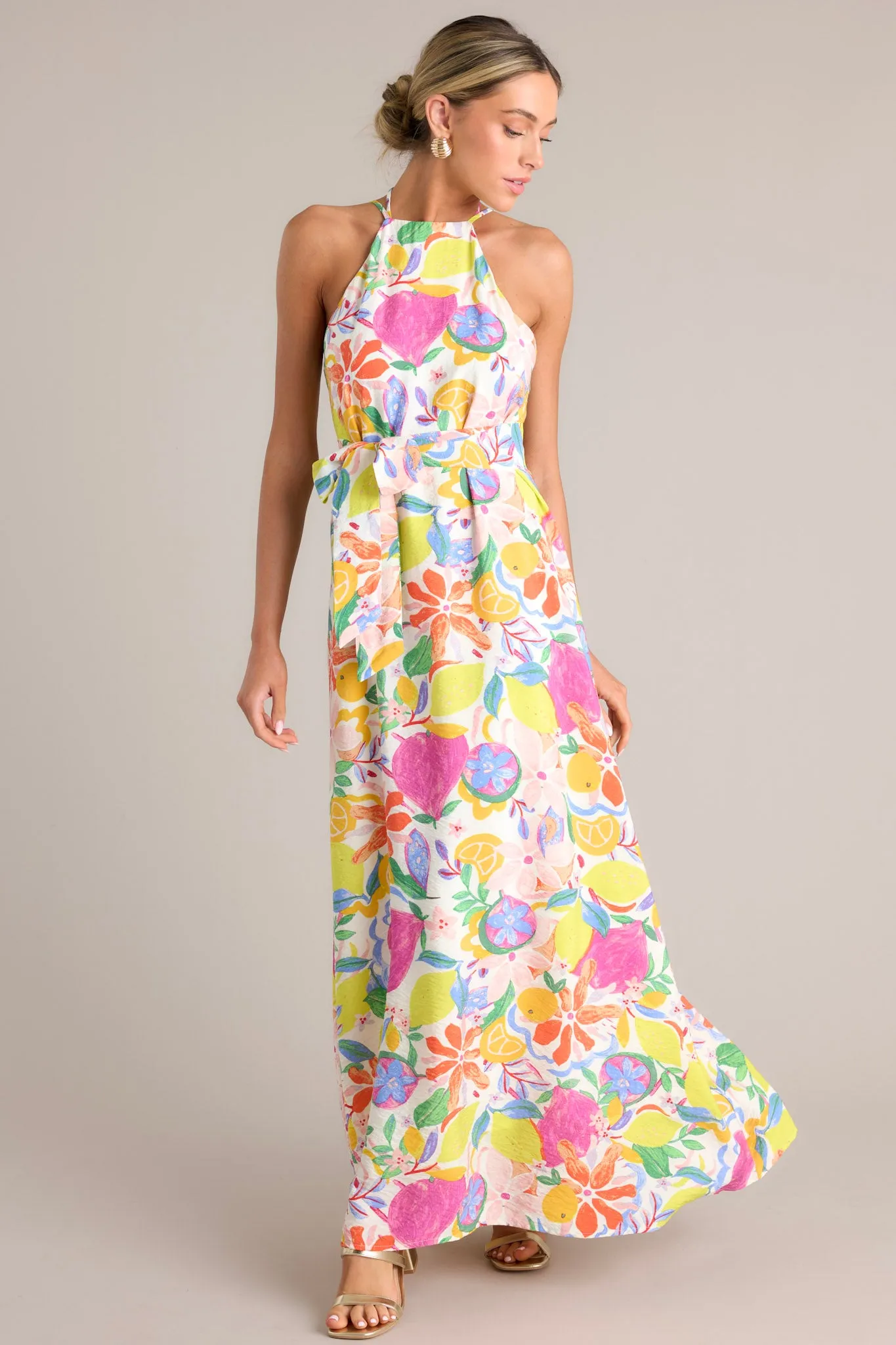 Wildflower Whimsy Ivory Multi Floral Halter Maxi Dress