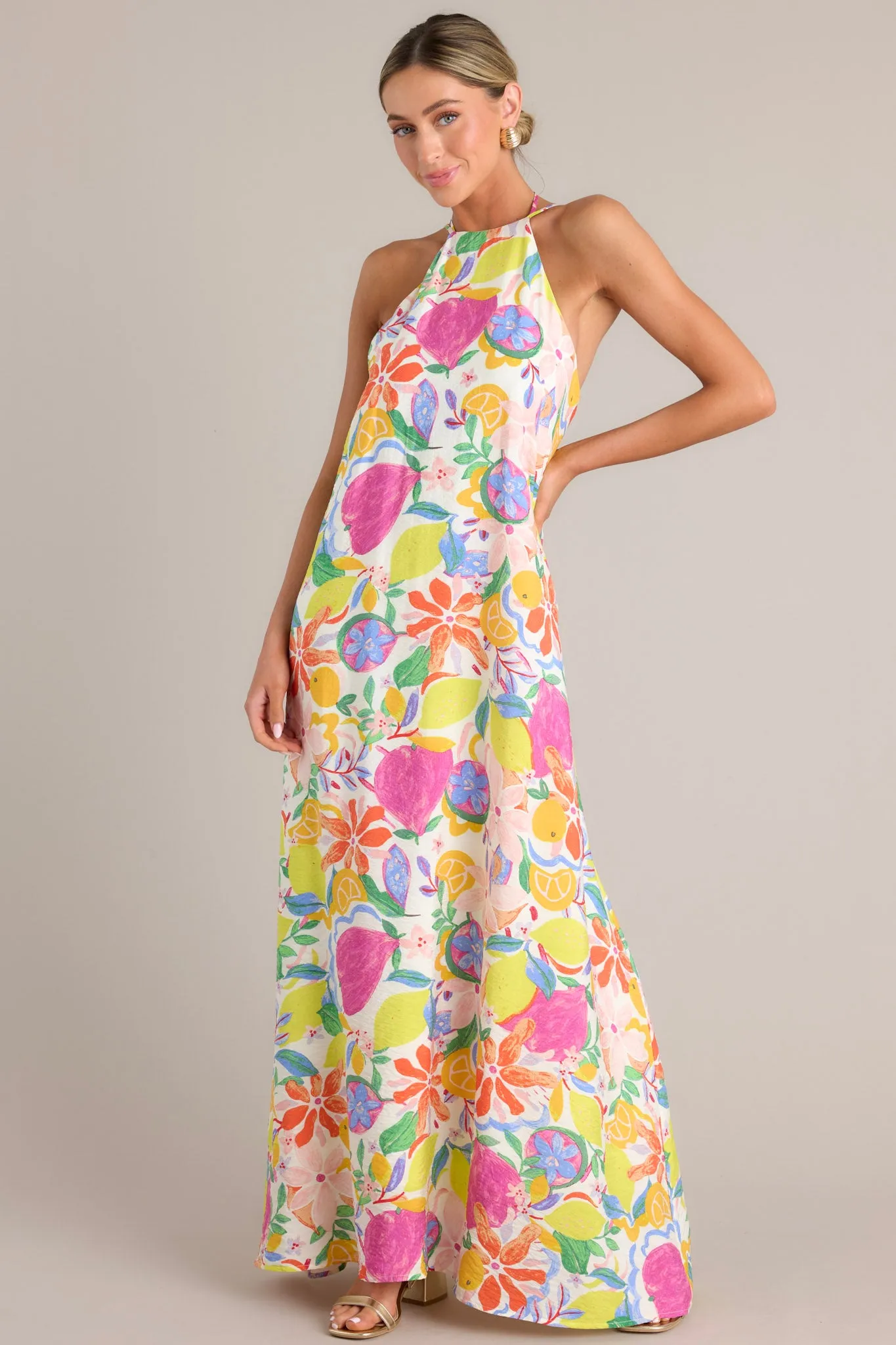 Wildflower Whimsy Ivory Multi Floral Halter Maxi Dress