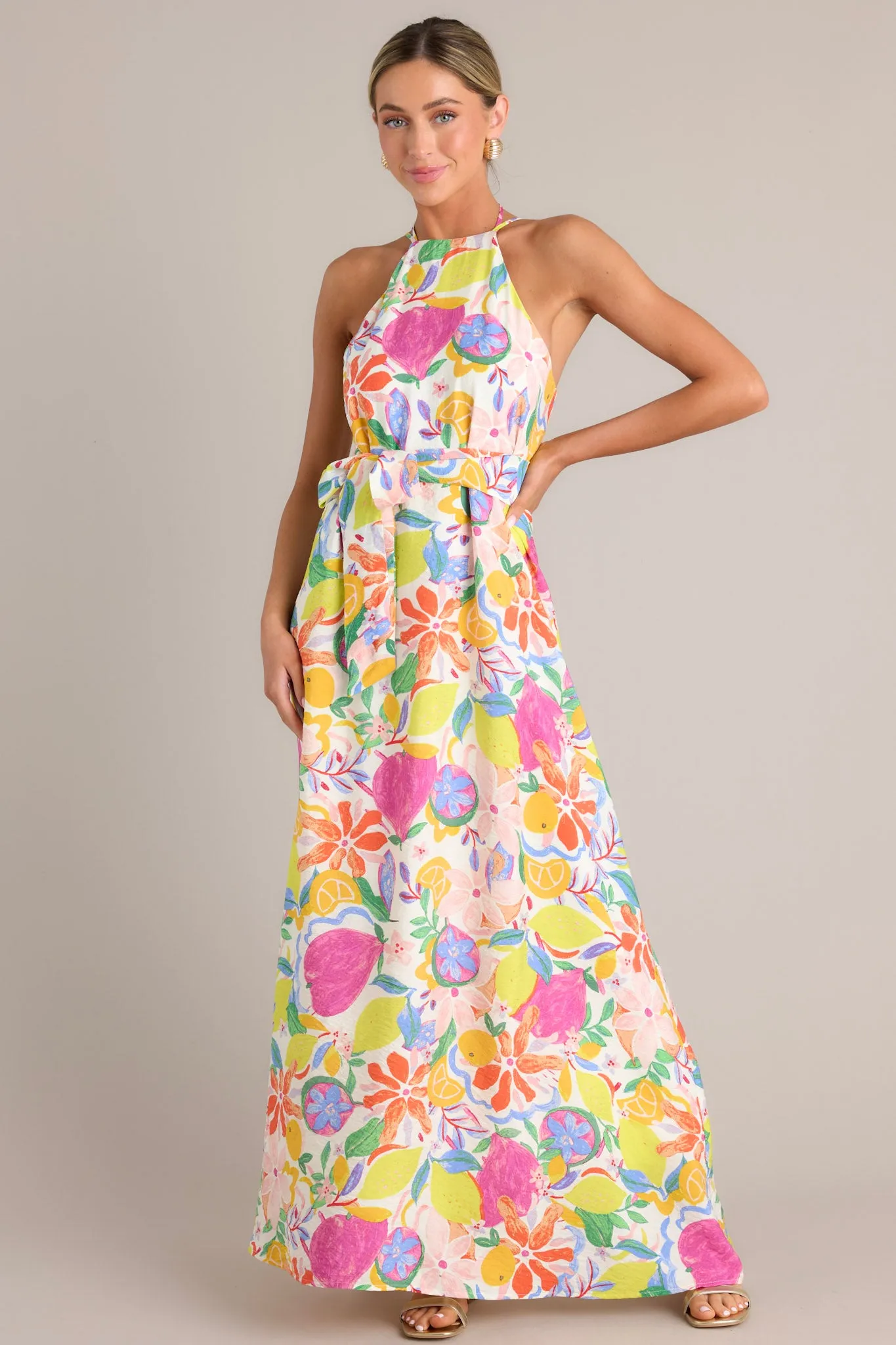 Wildflower Whimsy Ivory Multi Floral Halter Maxi Dress