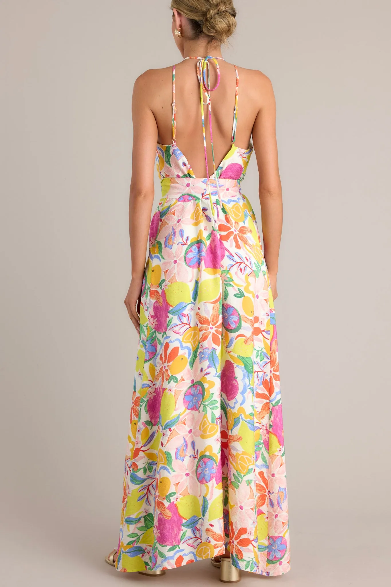 Wildflower Whimsy Ivory Multi Floral Halter Maxi Dress