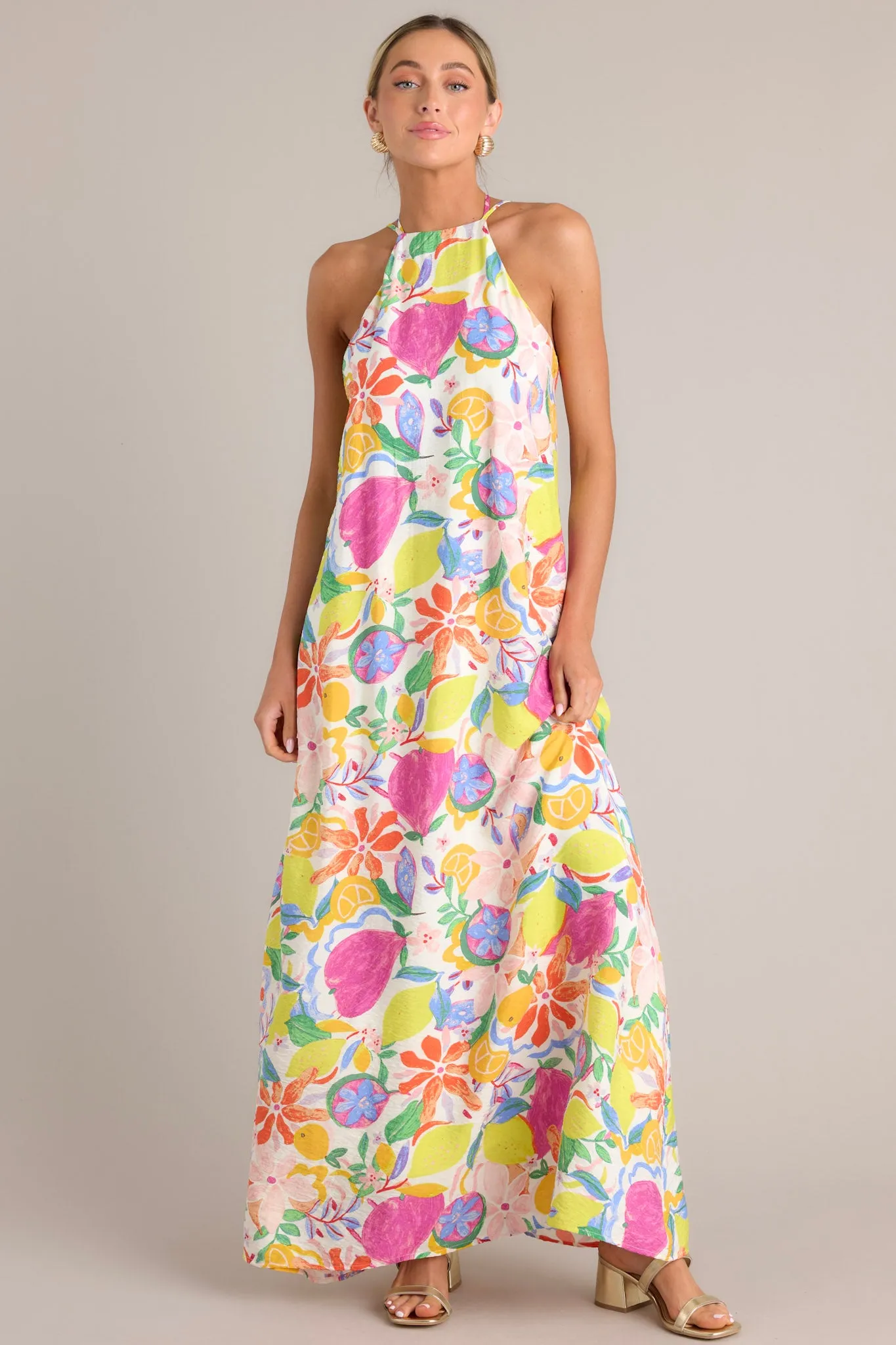 Wildflower Whimsy Ivory Multi Floral Halter Maxi Dress