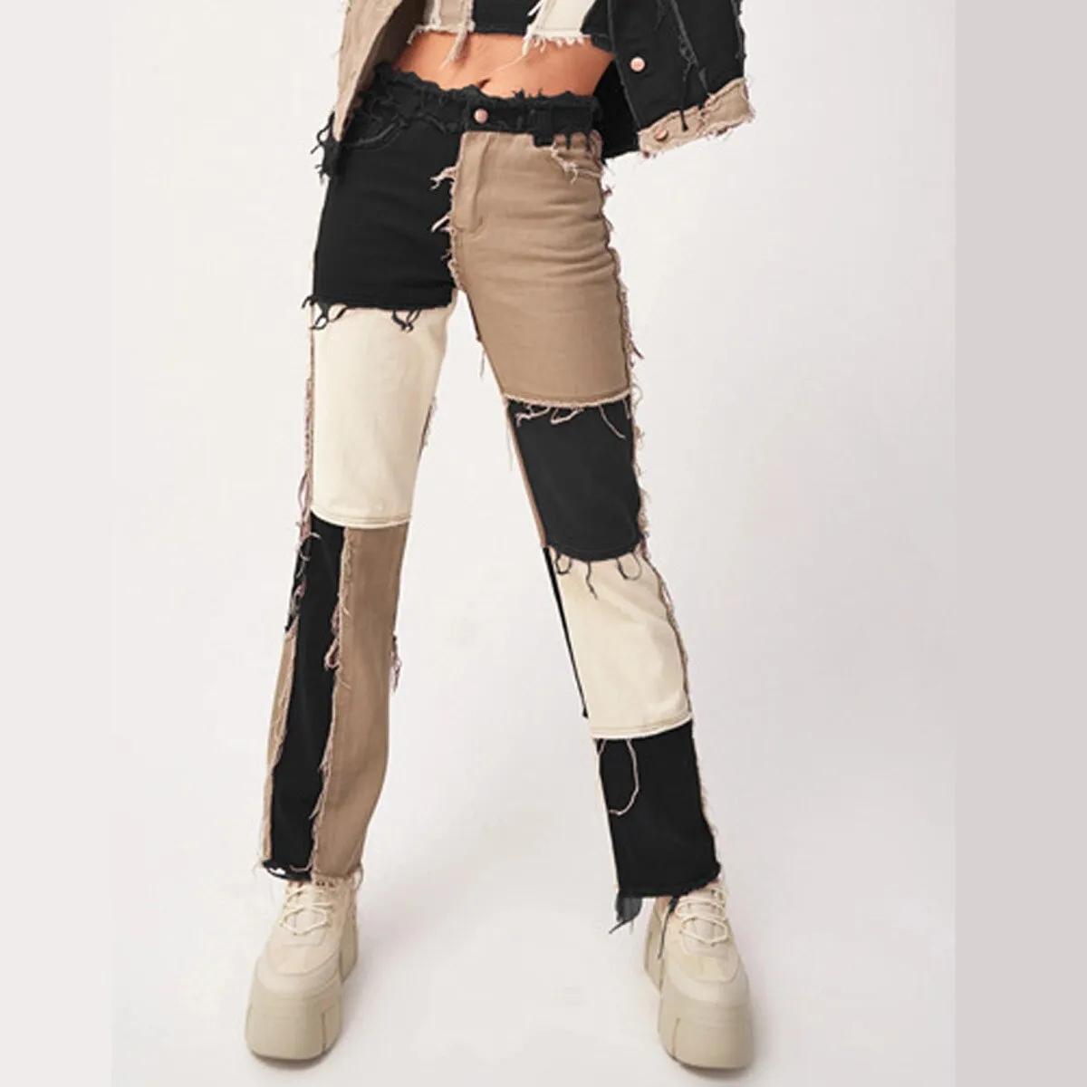 Wjczt Autumn Patchwork High Waist Straight Jeans Woman Pants Casual Denim Trousers Color Block Brown Streetwear Pants Jeans Woman