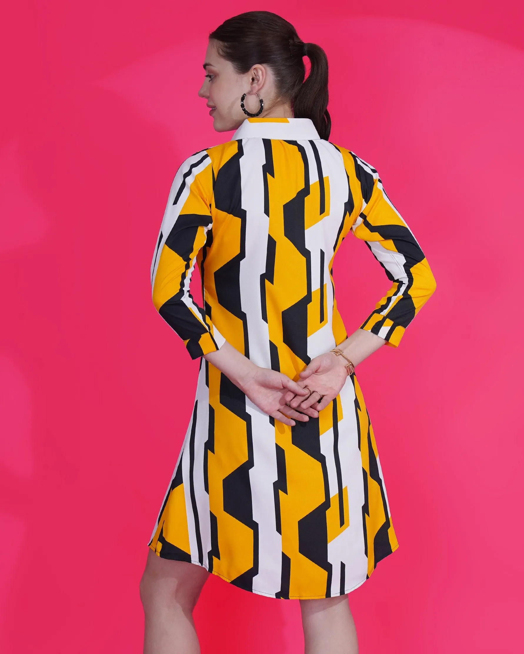 Women A-line Printed Yellow Shirt Style Dress