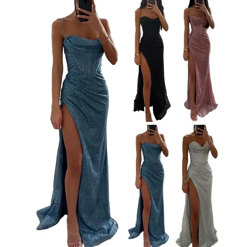 Women Polyester Maxi Dress Elegant Sequin Spaghetti Strap Evening Dress with Off Shoulder Detail High Split Loose High for Lady