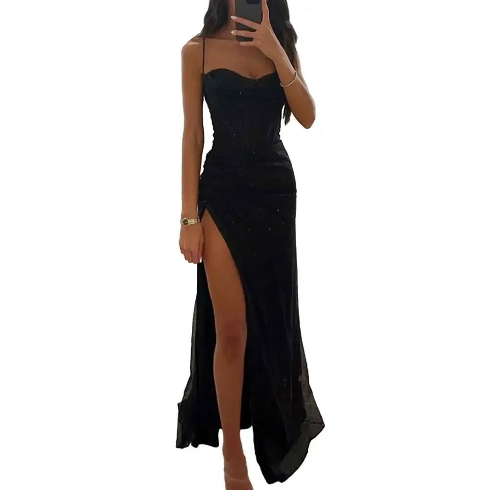 Women Polyester Maxi Dress Elegant Sequin Spaghetti Strap Evening Dress with Off Shoulder Detail High Split Loose High for Lady