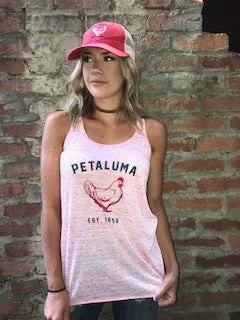 Women's Flowy Racerback Tank Red Marble with Luma Vintage Petaluma Chicken