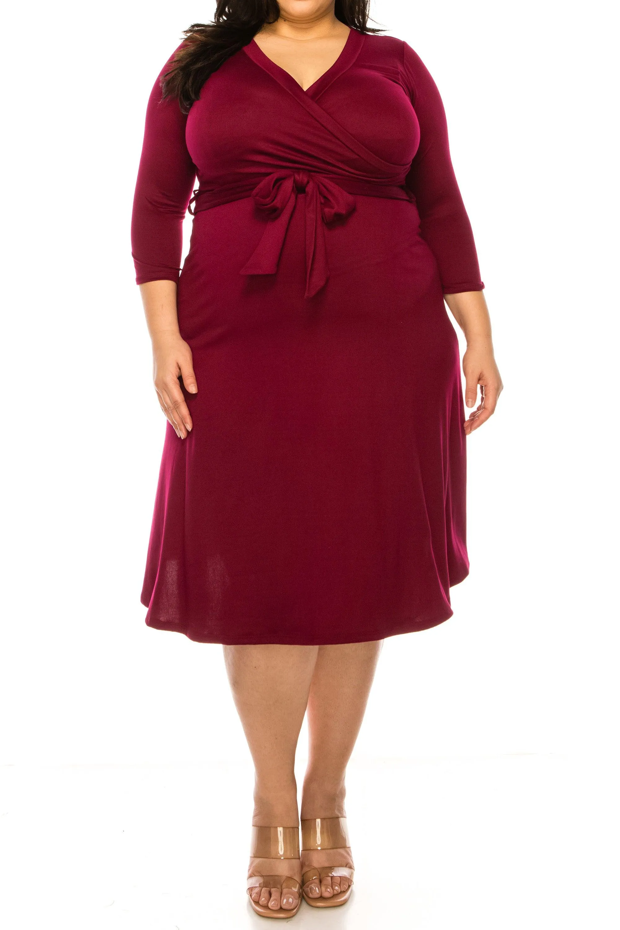 Women's Plus Size Wrap Dress 3/4 Sleeve V Neck Waist Tie