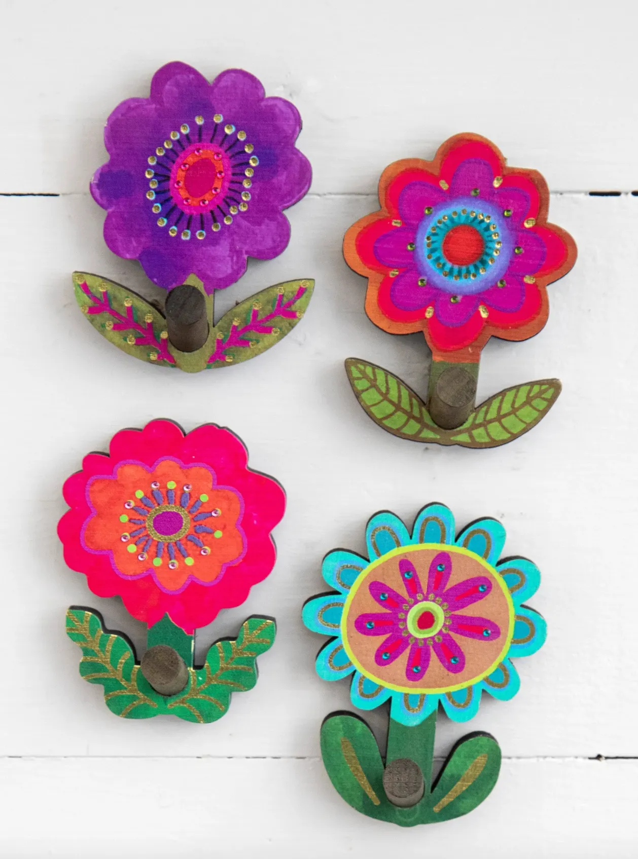 Wooden Flower Wall Hook Set of 4