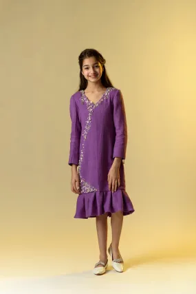 Woodrose- Embroidered Cotton Slub Dress For Girls