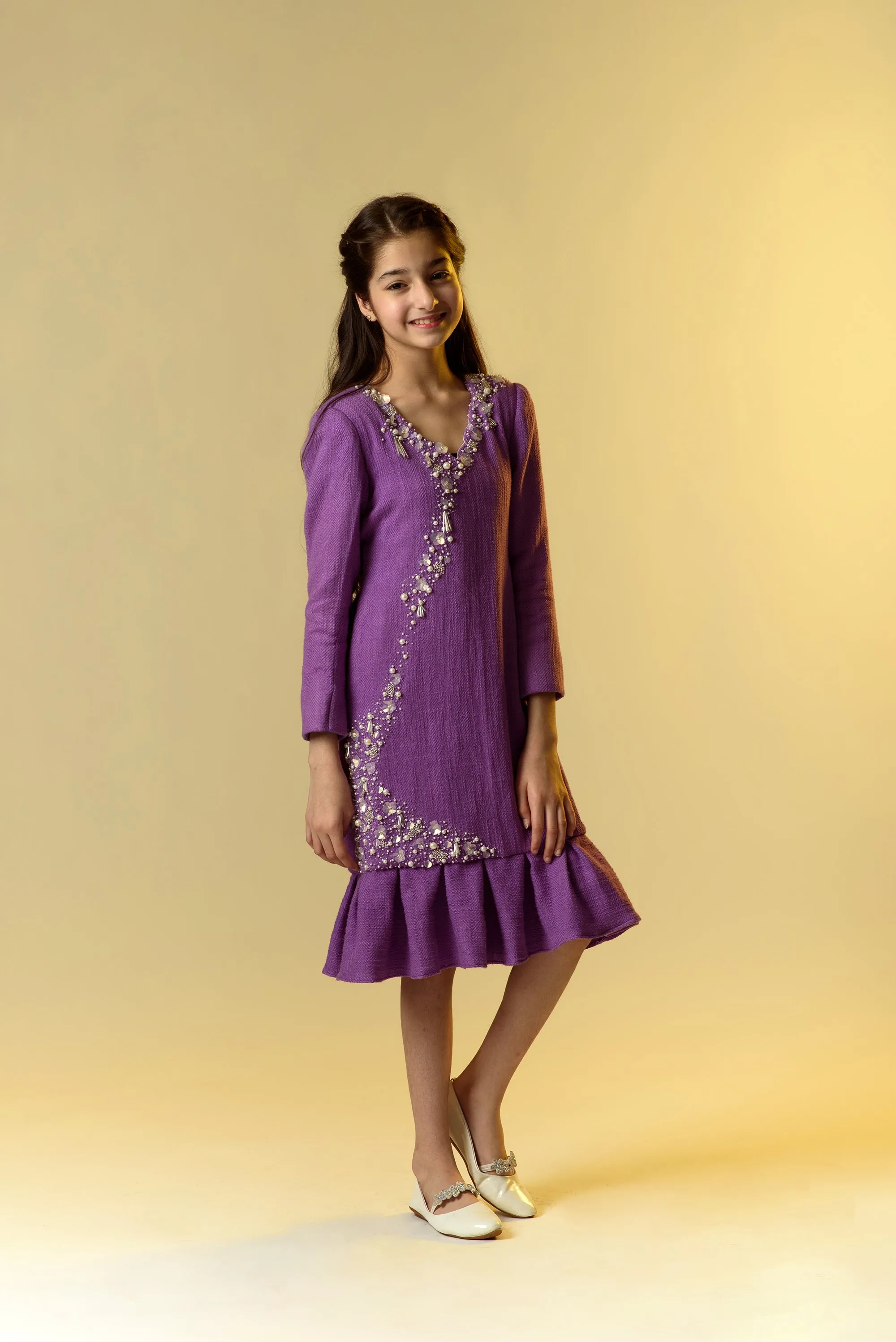 Woodrose- Embroidered Cotton Slub Dress For Girls