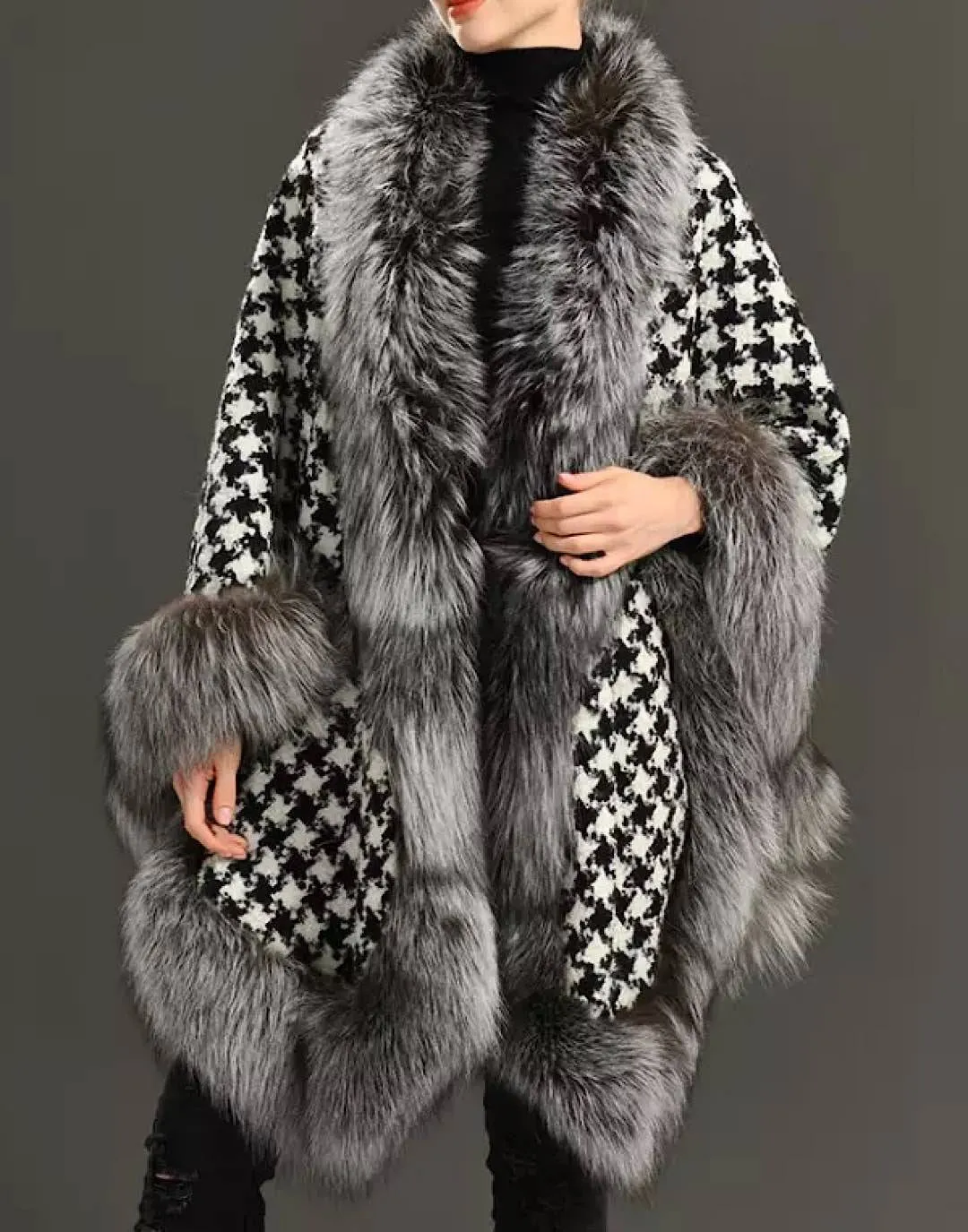 Wool Fox Fur Trimmed Houndstooth Poncho