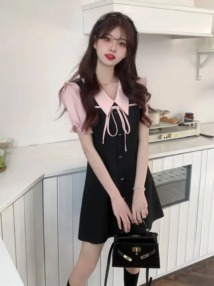 Y2k Kawaii Preppy Style School Black Dress Hotsweet Girls Puff Sleeve Mini Short Dresses