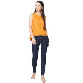 Yellow Roud Neck Embroidered Top For Women