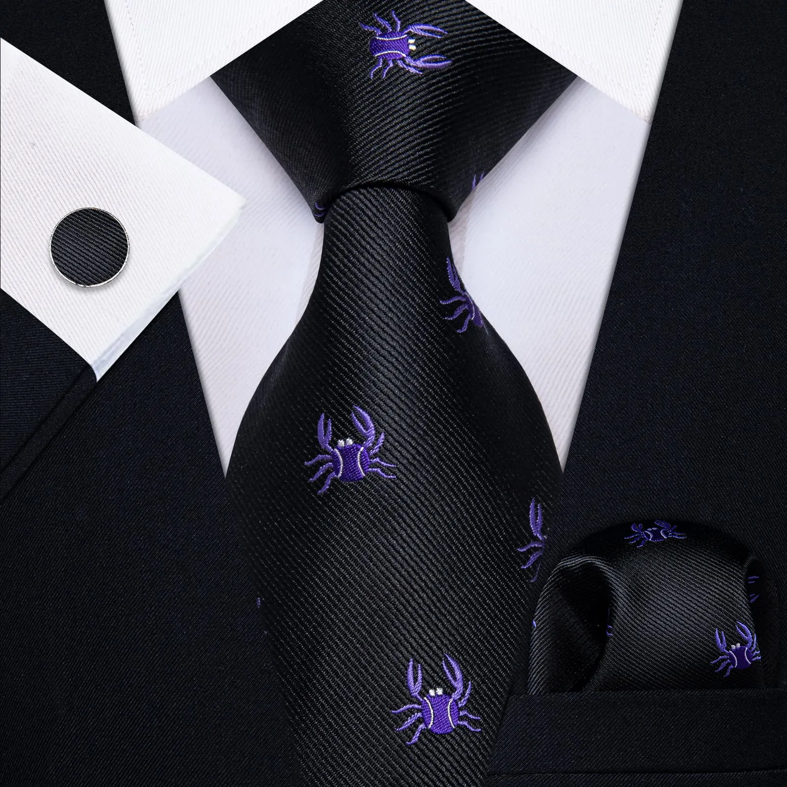 YourTies Black Solid Long Sleeve Shirt with Black Purple Novelty Pattern Silk Tie for Men