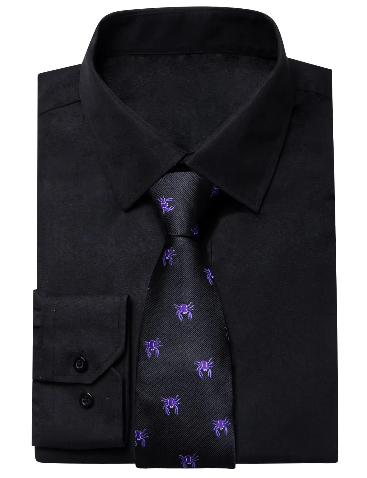 YourTies Black Solid Long Sleeve Shirt with Black Purple Novelty Pattern Silk Tie for Men