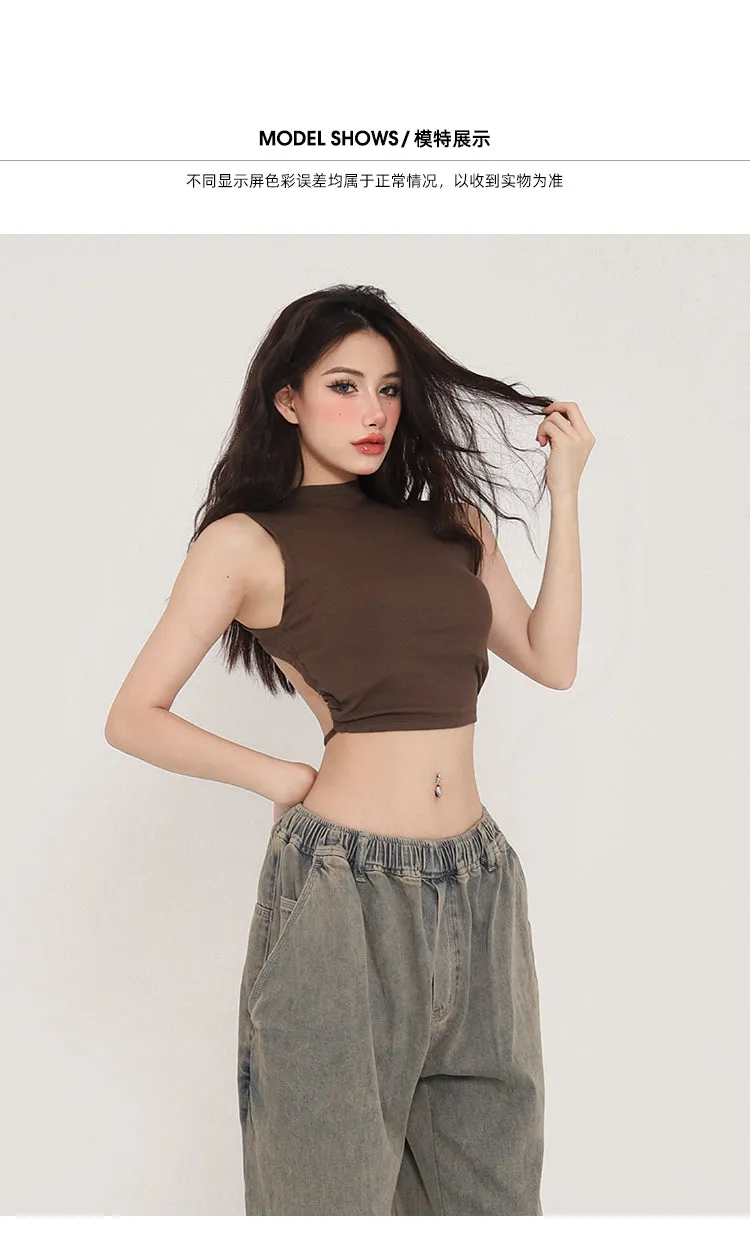 Zhou Solid Color Turtleneck Sleeveless Backless Drawstring Pleated Cropped Top