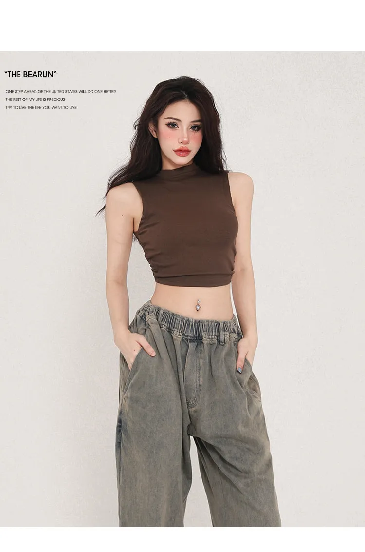 Zhou Solid Color Turtleneck Sleeveless Backless Drawstring Pleated Cropped Top