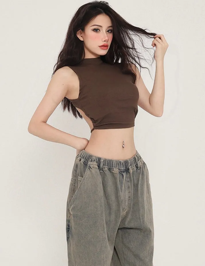 Zhou Solid Color Turtleneck Sleeveless Backless Drawstring Pleated Cropped Top