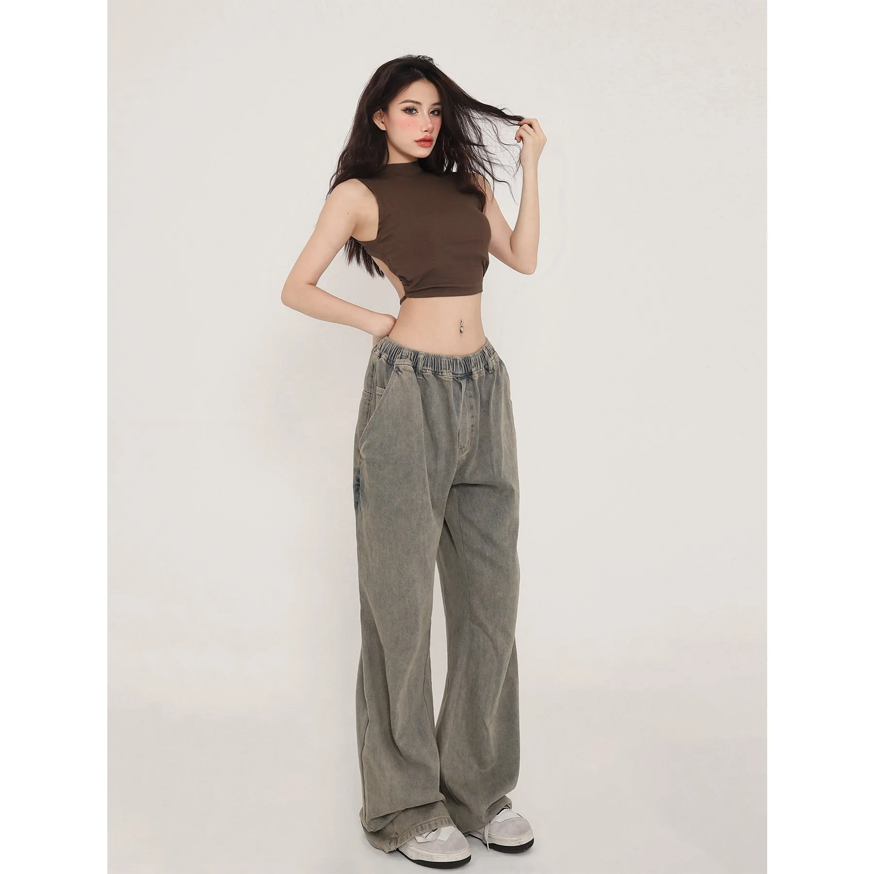 Zhou Solid Color Turtleneck Sleeveless Backless Drawstring Pleated Cropped Top