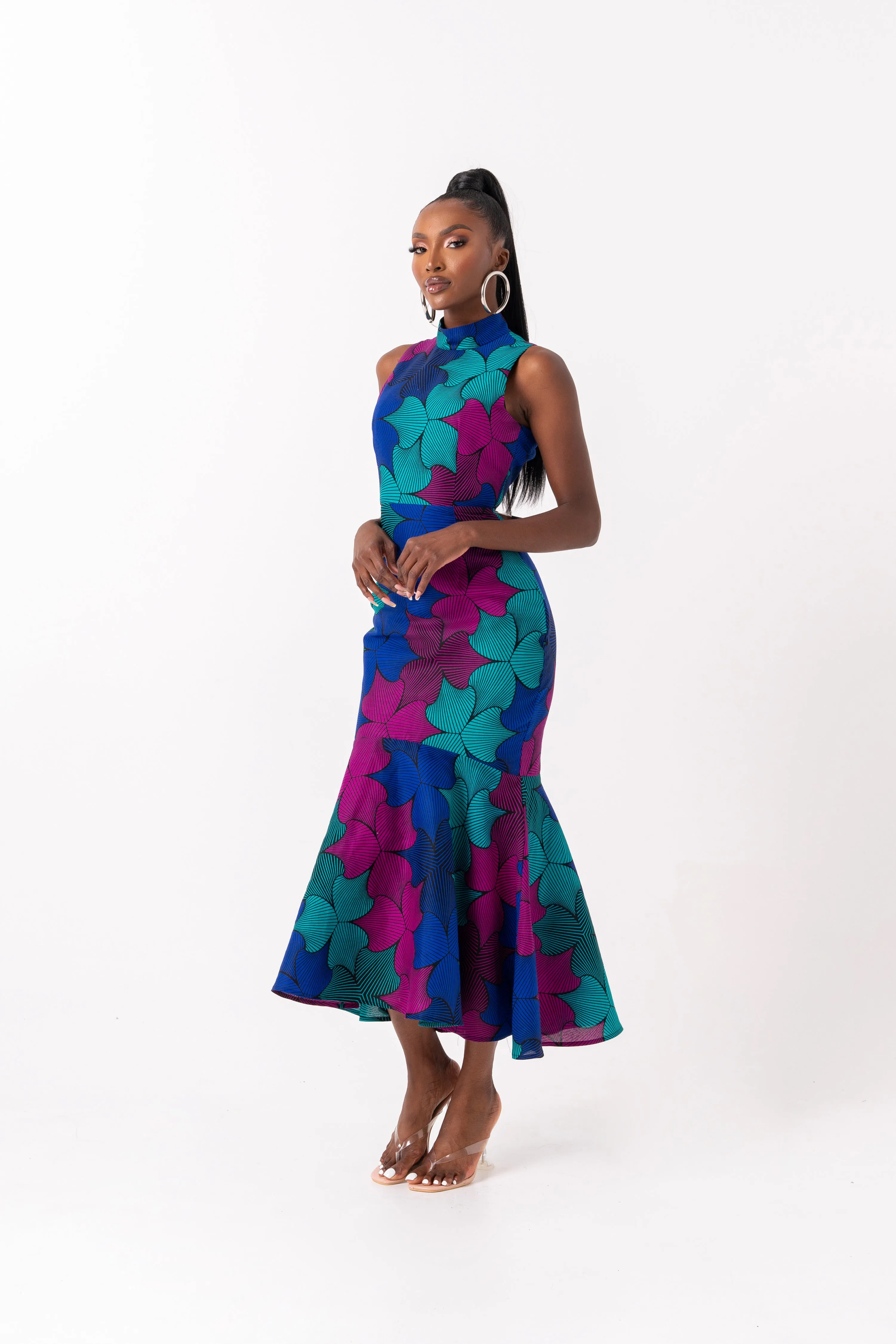 ZURI African Print Maxi Mock Neck Peplum Dress